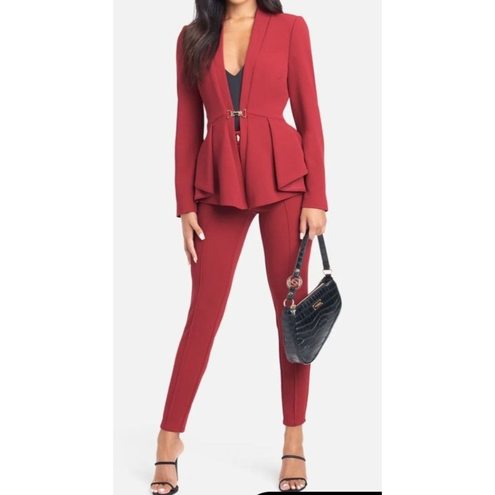 NWT Bebe Red SCUBA TWILL PEPLUM BLAZER JACKET & Skinny Pant Set - Medium